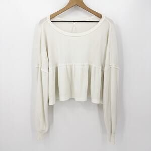 Free People Peplum Waffle Crop Top White Long Sleeve Thermal Oversized Slouchy M